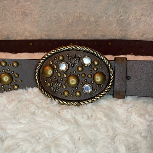 Brown Faux Leather Belt With Studs, Rhinestones, & Fleur-de-lis Studs 37”-41” XL - Picture 3 of 8